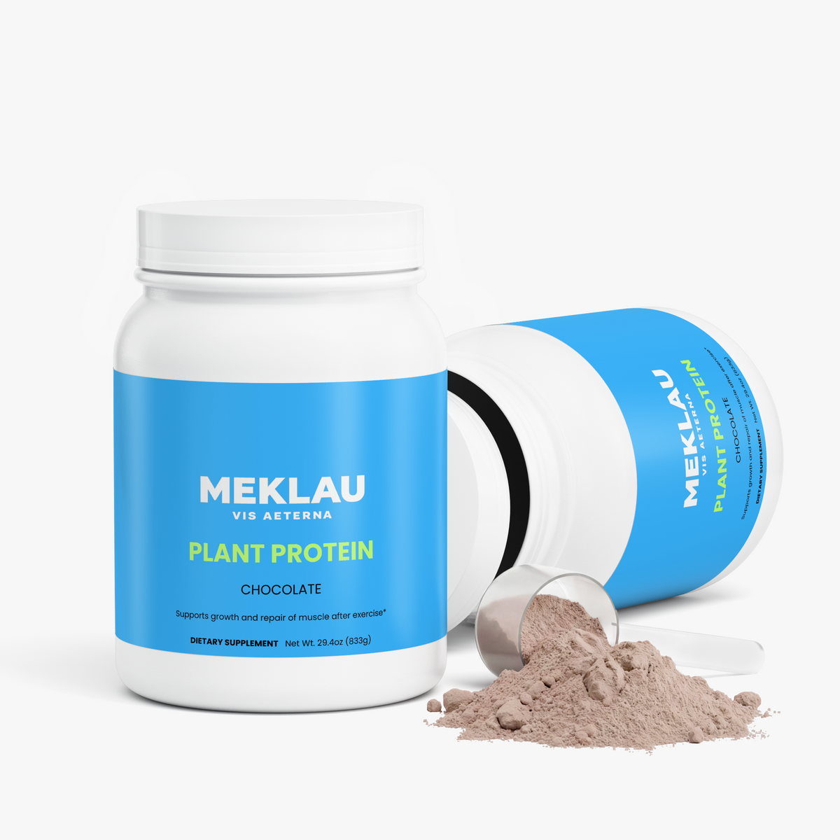 A white plastic tub of Meklau Plant Protein Chocolate powder, with one tub standing upright and another lying on its side showing the blue label. A small clear scoop filled with the light brown powder is placed in front on a clean white background.