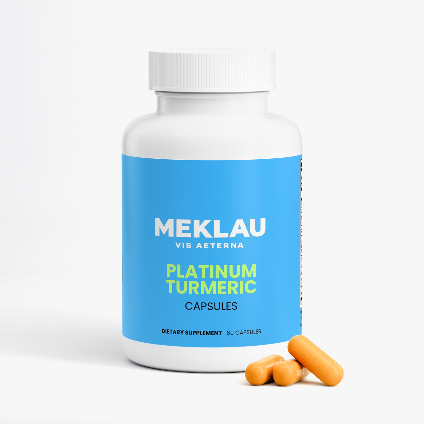 A white bottle of Meklau Vis Aeterna Platinum Turmeric dietary supplement with a bright blue label, shown alongside three orange capsules on a clean white background.