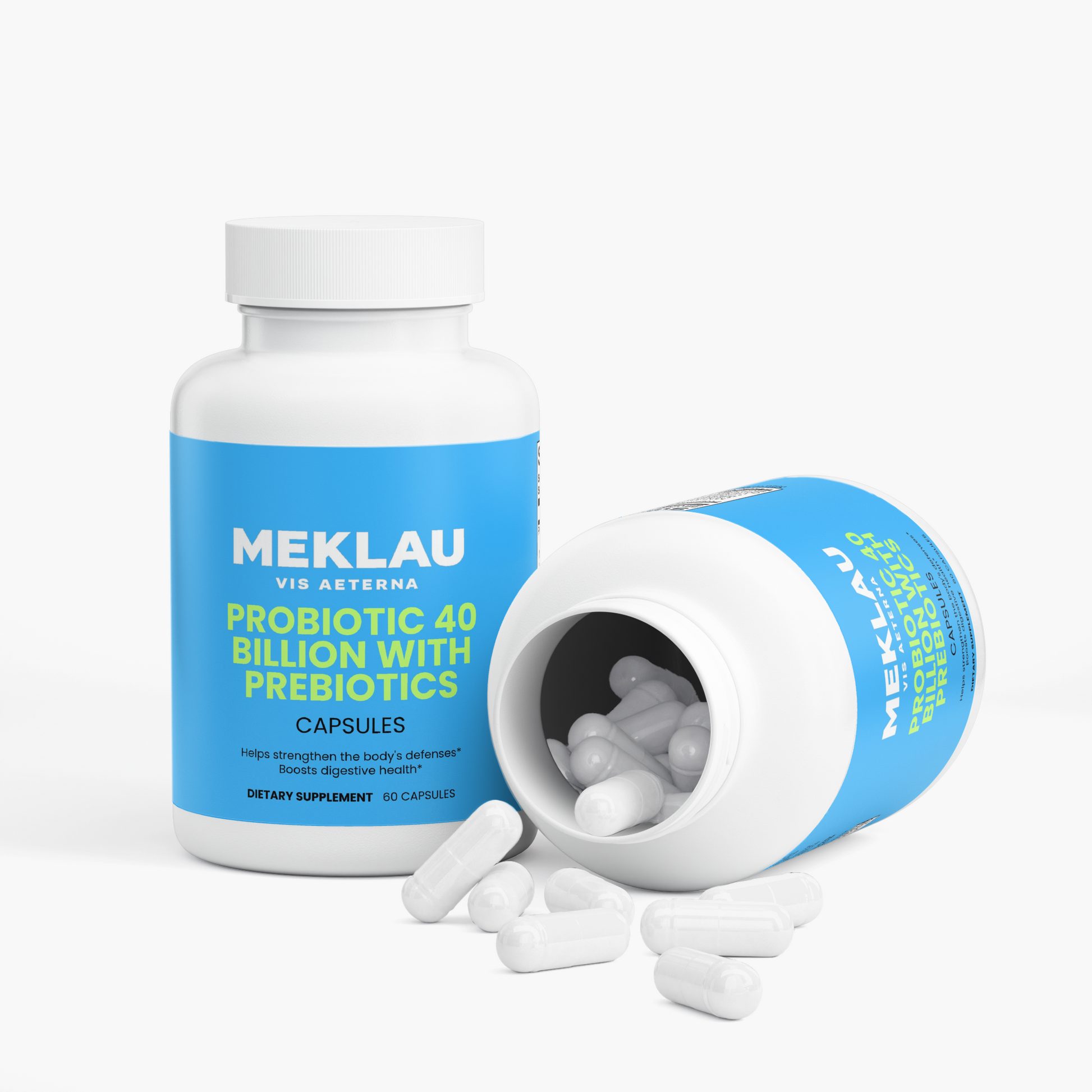 Two white supplement bottles with blue labels on a light gray background. One bottle stands upright and reads 'MEKLAU VIB ASTERNA PROBIOTIC 40 BILLION WITH PREBIOTICS CAPSULES.
