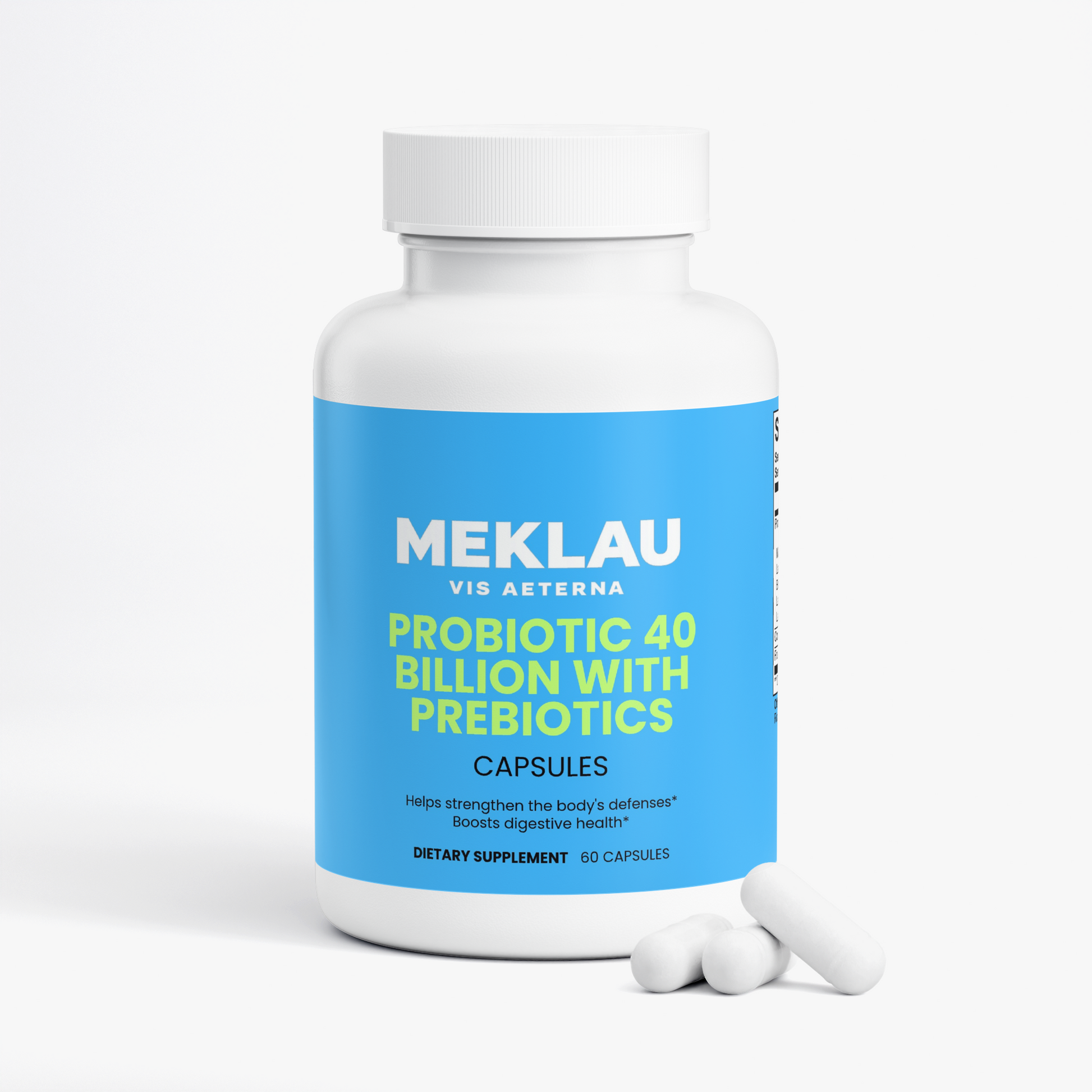 A white bottle of Meklau Probiotic 40 Billion With Prebiotics dietary supplement with a bright blue label, shown with three white capsules in front on a clean white background.