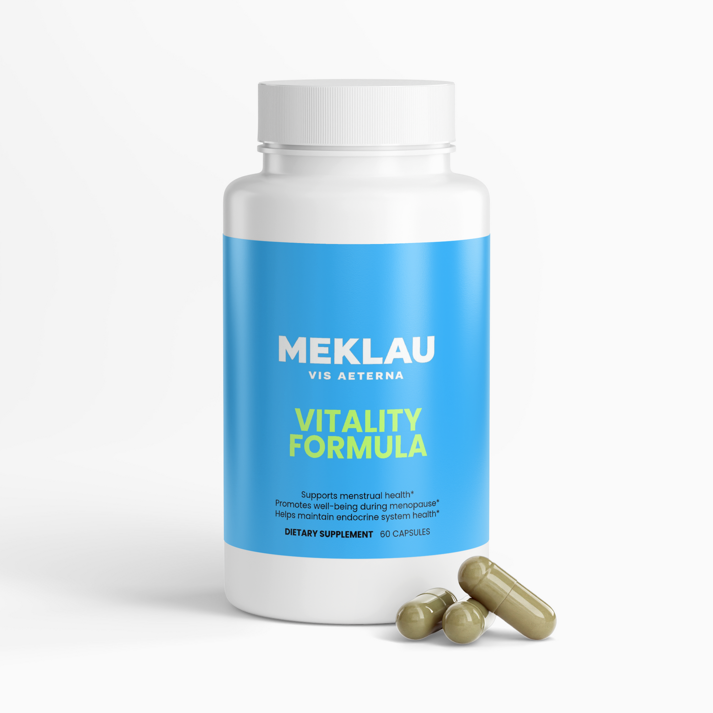 A white plastic bottle of MEKLAU Vitality Formula dietary supplement with a bright blue label, shown on a clean white background with two green capsules in front.
