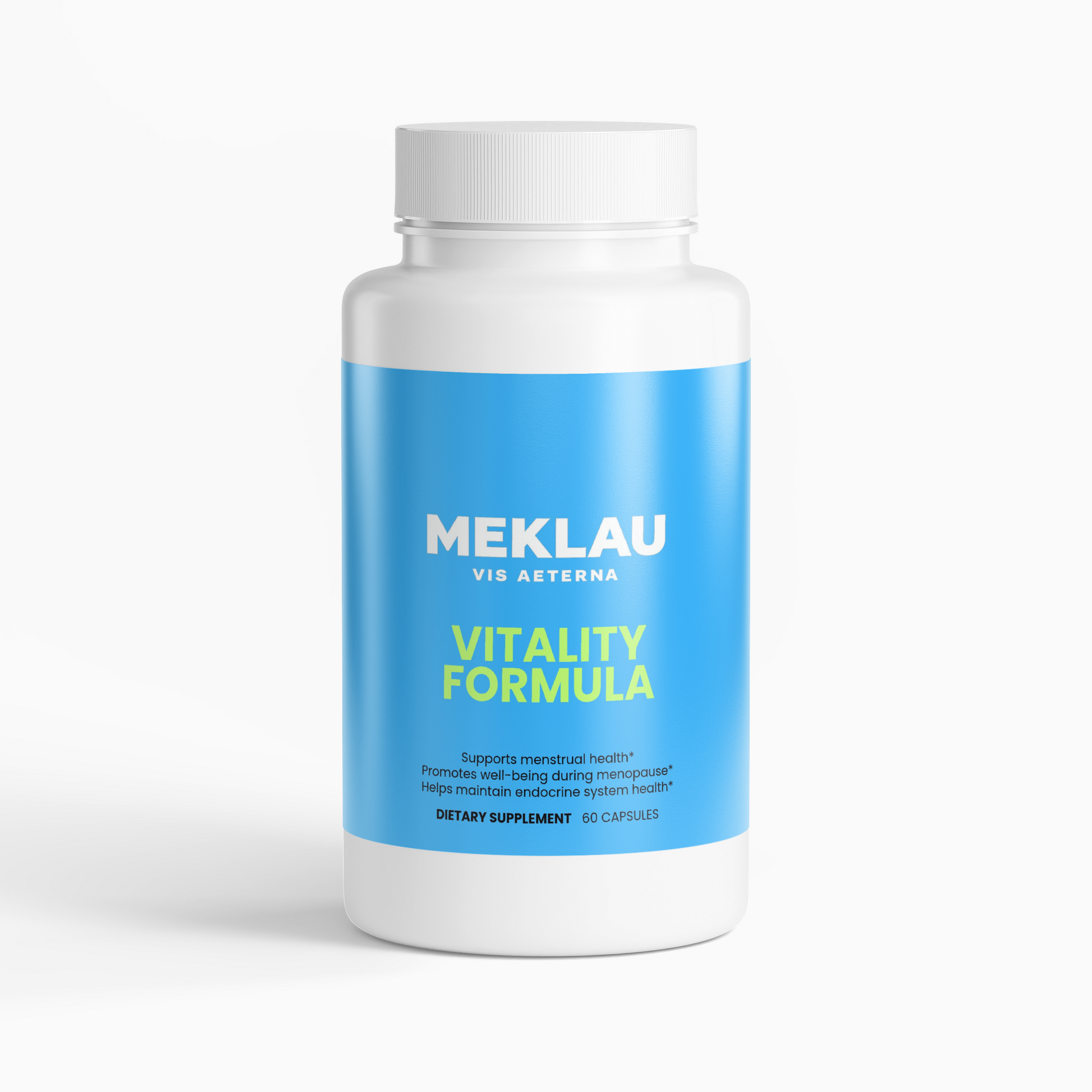 A white plastic bottle of MEKLAU Vitality Formula dietary supplement with a bright blue label and white cap, set against a clean white background.