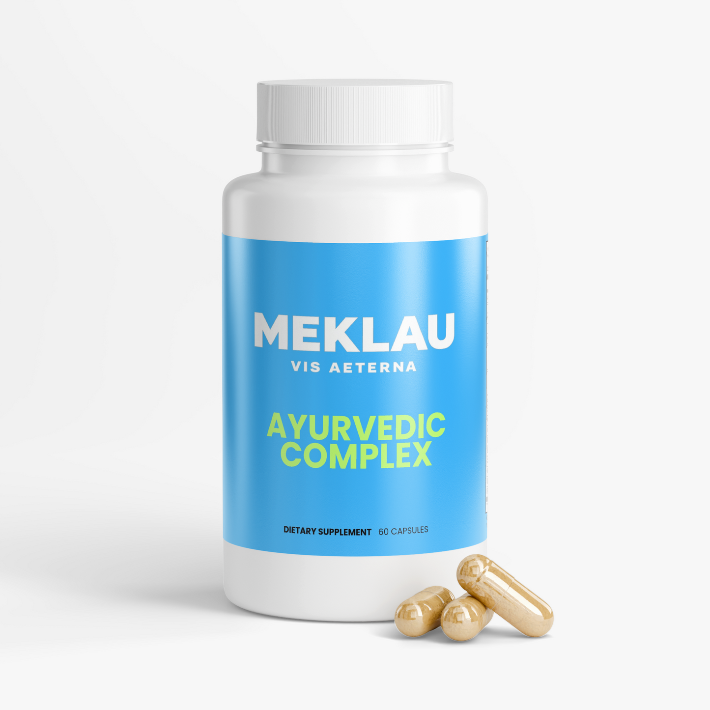 A white plastic bottle of MEKLAU Vis Aeterna Ayurvedic Complex dietary supplement with a bright blue label, shown with three gold capsules on a clean white background.