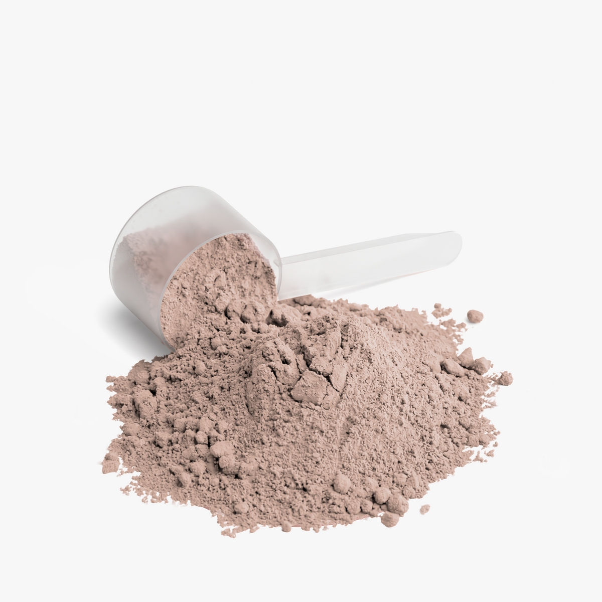 A pile of light taupe-brown powder spilled from a clear plastic scoop on a clean white background.
