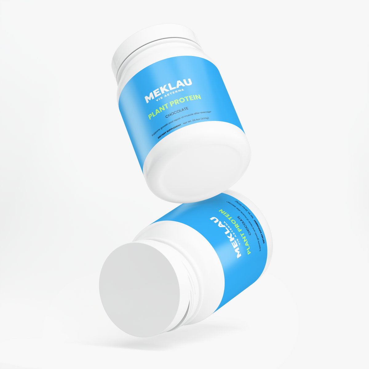 Two white plastic tubs of MEKLAU Plant Protein powder floating at an angle against a clean white background.