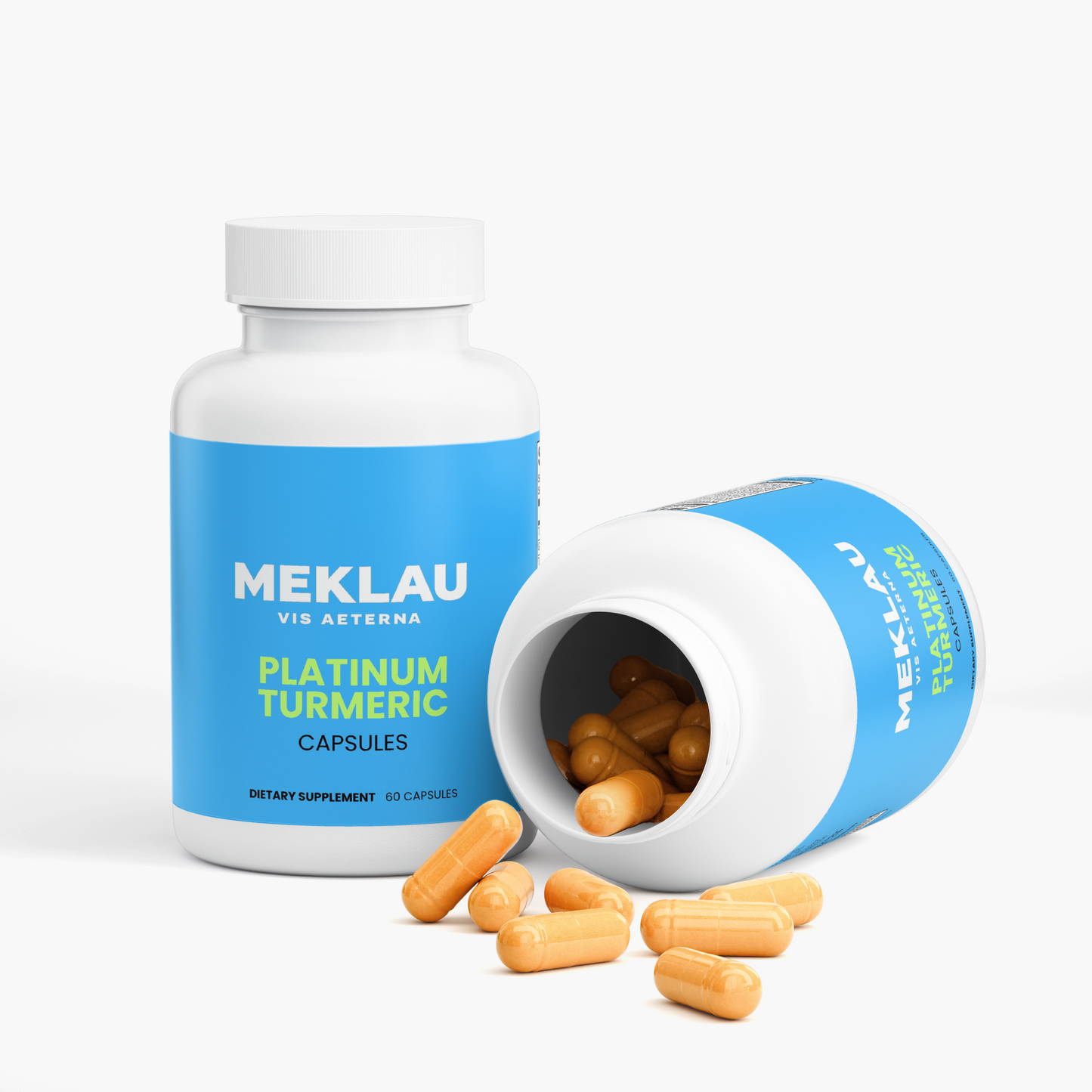 Two white supplement bottles with blue labels for MEKLAU Platinum Turmeric Capsules, with several orange-yellow capsules spilled in front on a clean white background.