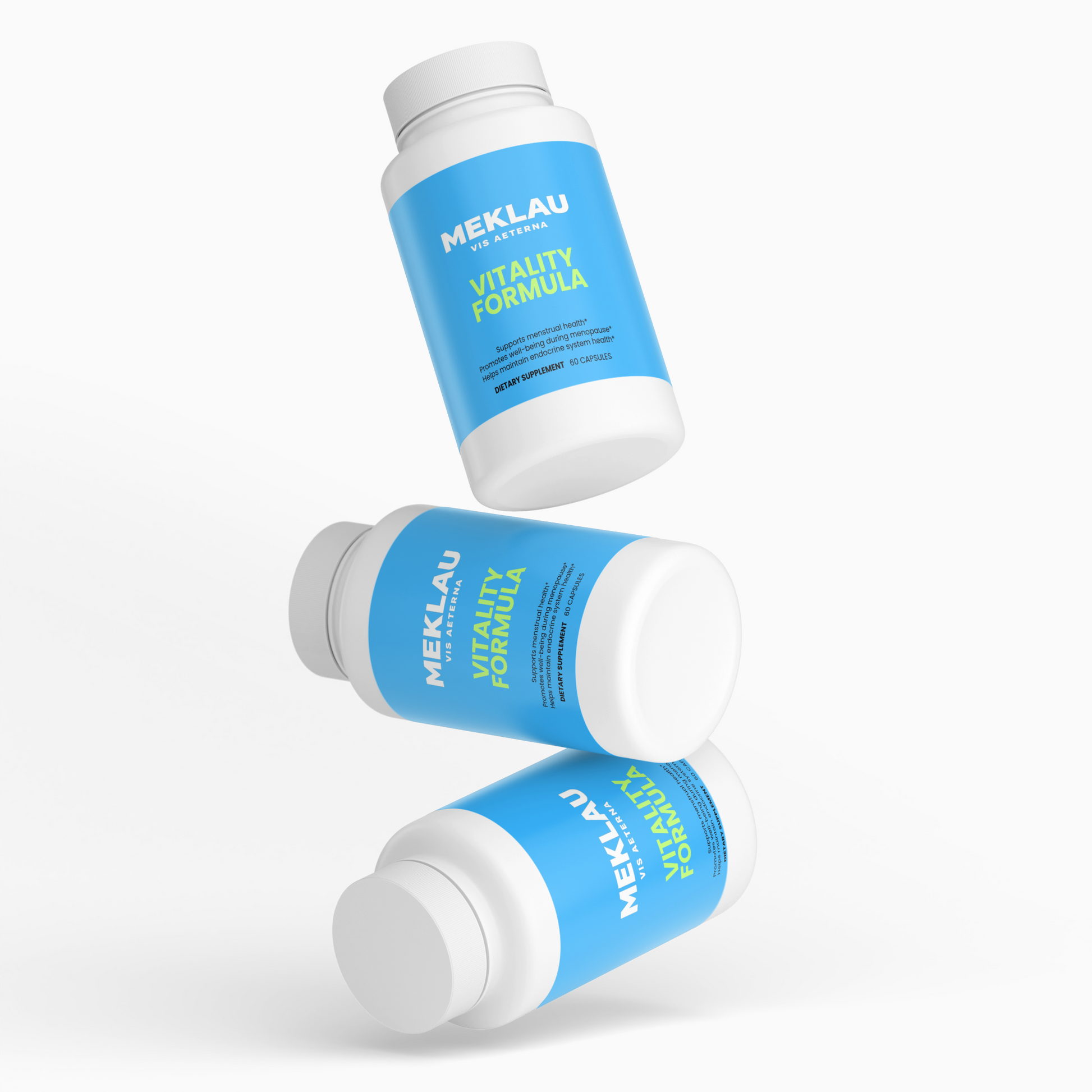 Three white supplement bottles with blue labels reading 'MEKLAU Vitality Formula' floating in a staggered arrangement on a light gray background.