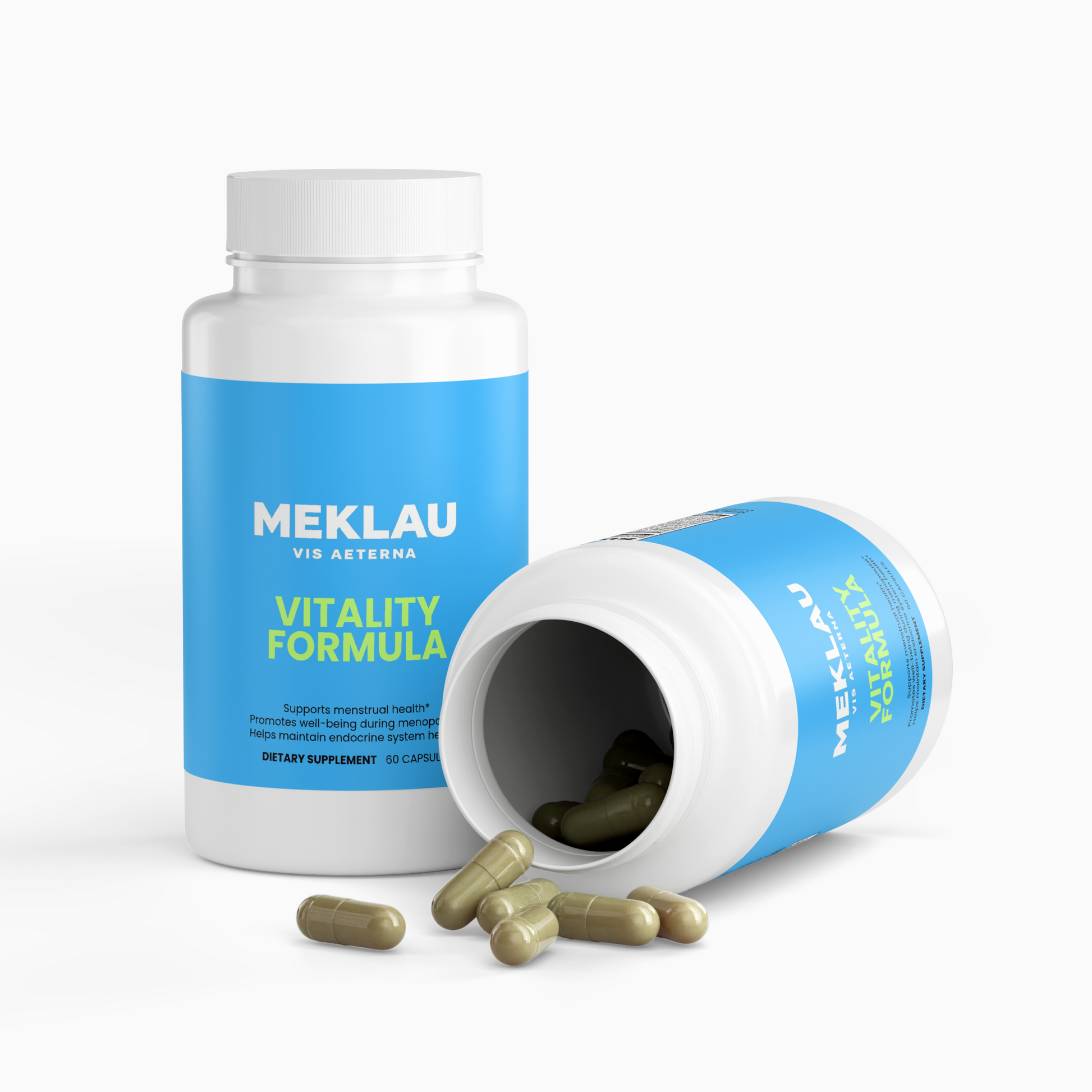 A white bottle of MEKLAU Vitality Formula dietary supplement with a bright blue label, shown alongside another tipped bottle spilling greenish capsules on a clean white background.