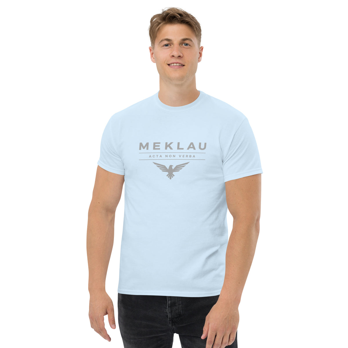 Person wearing a light blue t-shirt with 'SOCCER english.army' text on a white background