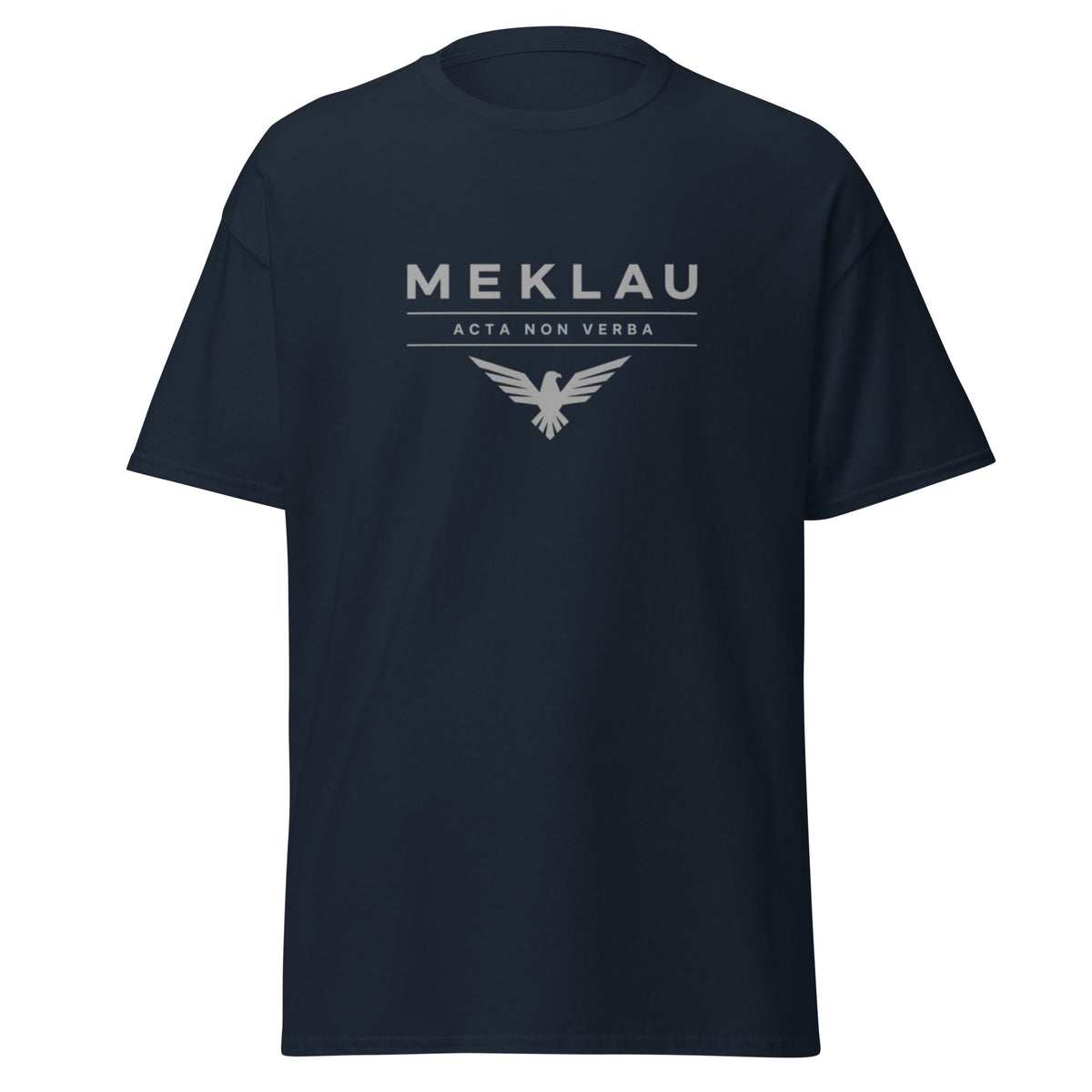 Navy t-shirt with text unisex-classic-tee-sky-front-Meklau  on a white background