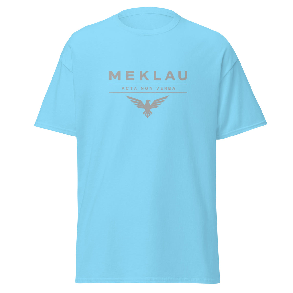Light blue t-shirt with 'MEKLAU' logo on a white background